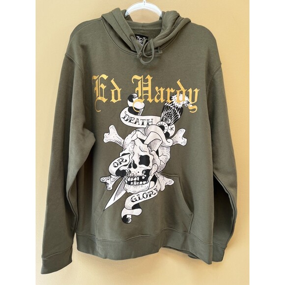 Ed Hardy Death Or Glory Skull Graphic Hoodie Sweater Mens Size XL NWT NEW Olive - Picture 3 of 11